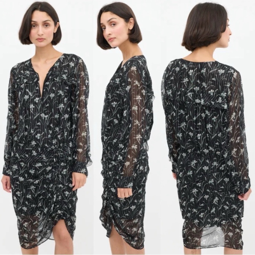 Veronica Beard Fitzgerald Ruffle Sleeve Side Ruched Mini Dress Silver & Black 2
